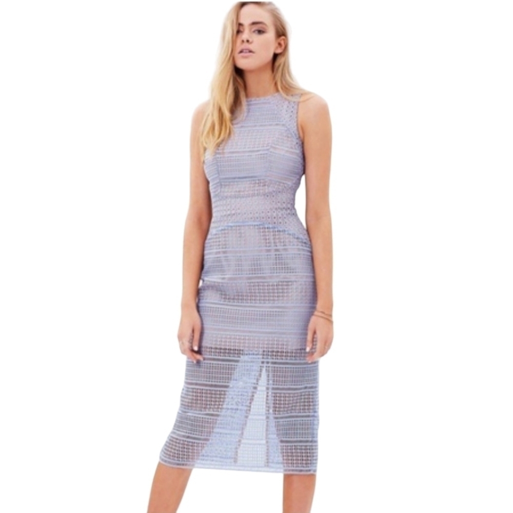 Keepsake the Label Dress Small Blue Midi Sweet Nothing Lace Crochet Sheath Lined